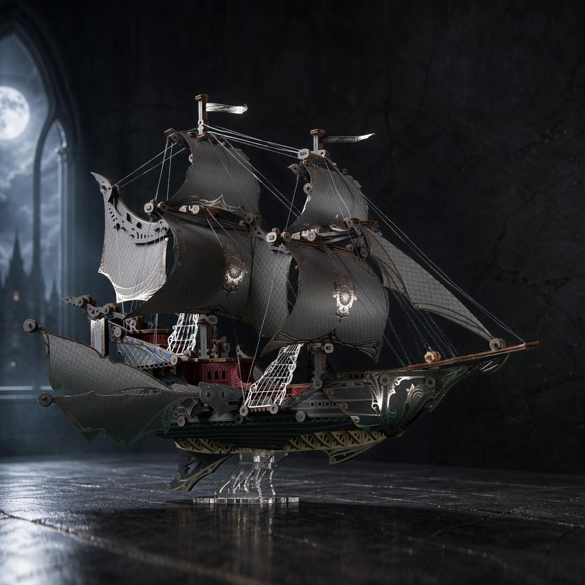 Black Fantasy Elfship wooden model ship with illuminated hull and atmospheric lighting