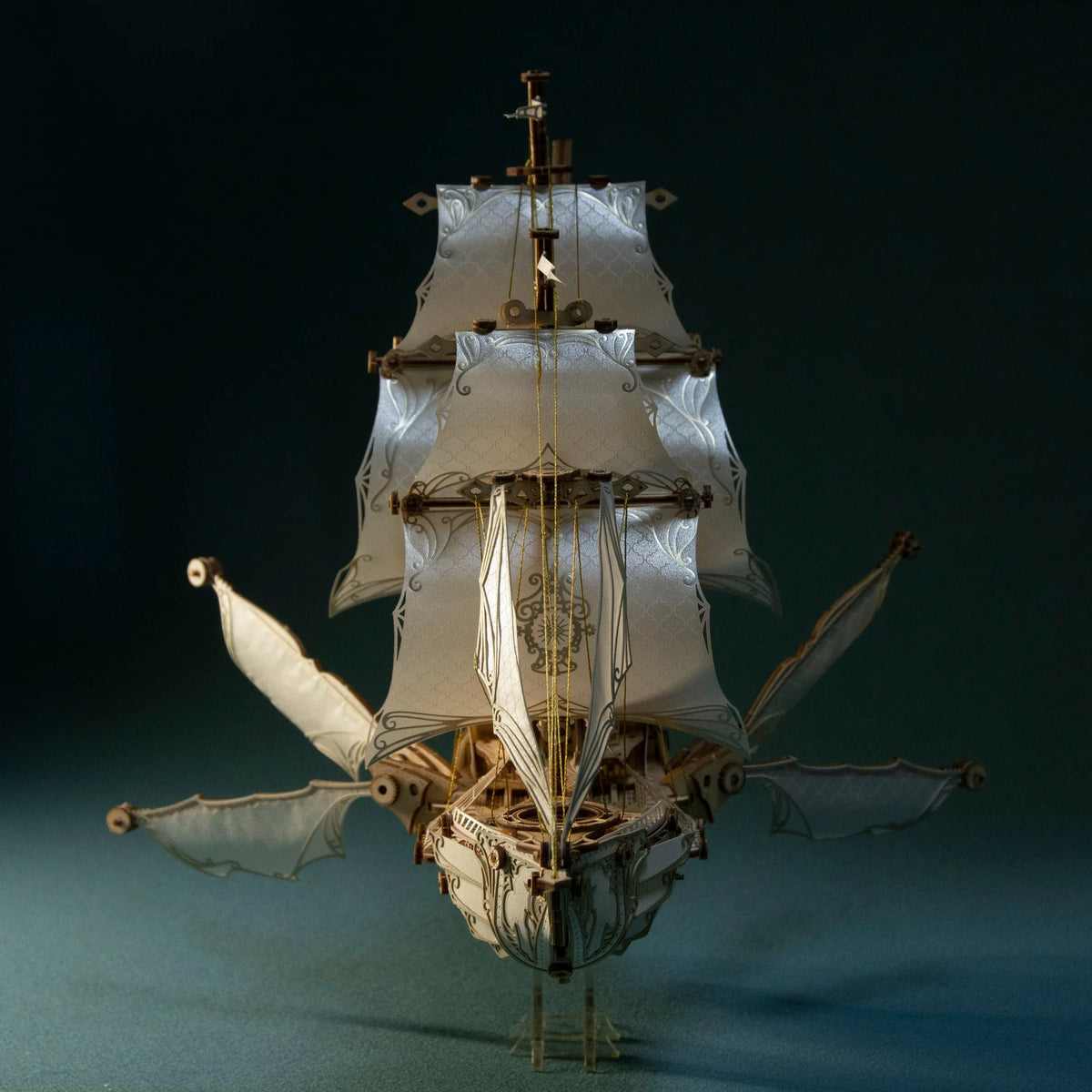 White Fantasy Elfship 3D wooden ship model displayed against a dark teal background