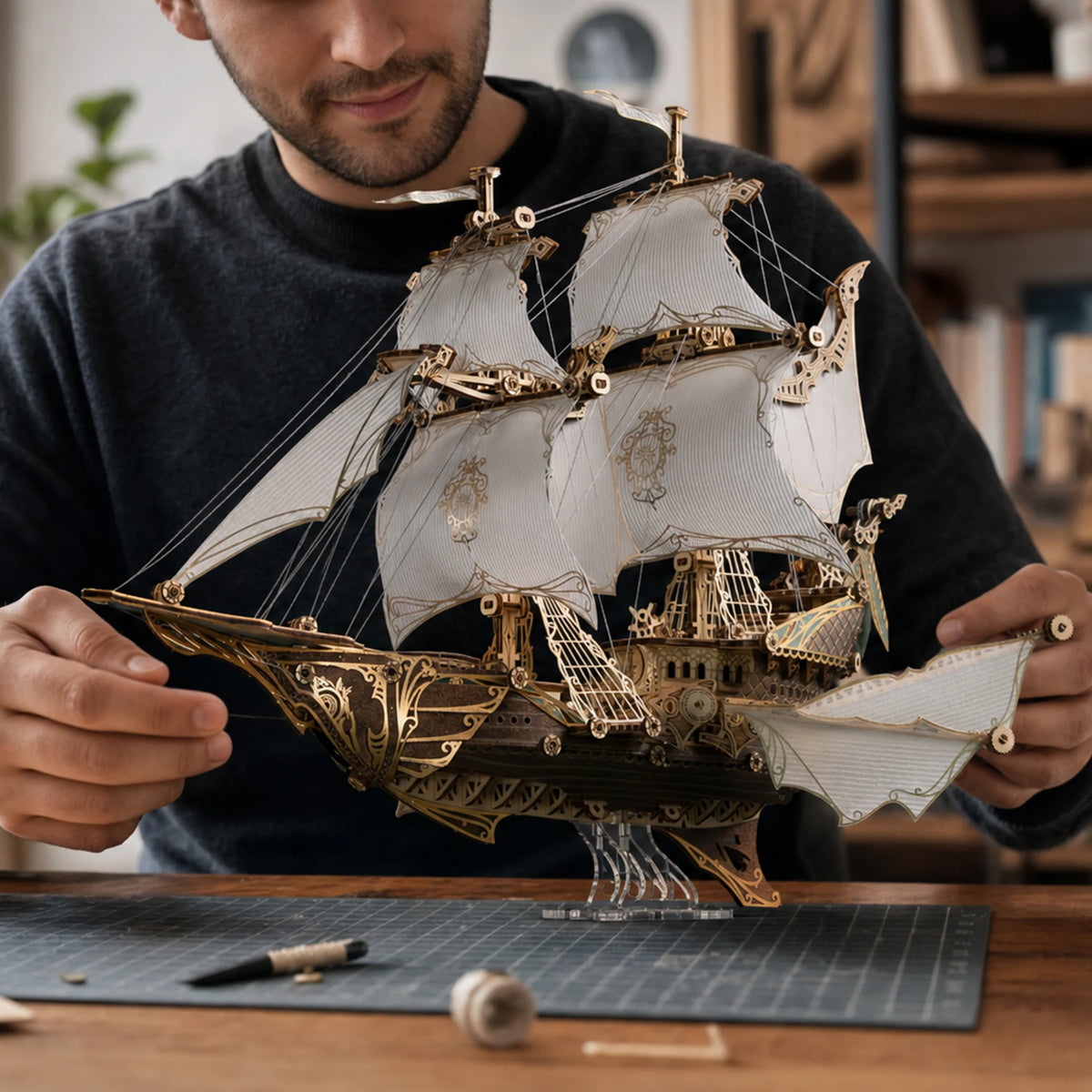 Person holding the Fantasy Elfship wooden model ship with white sails in a workshop
