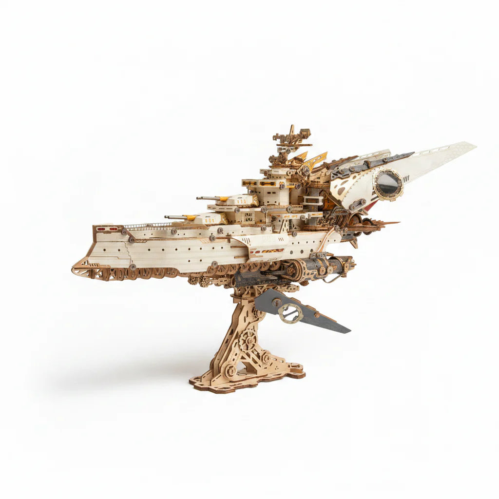 White Space Warship 3D wooden model kit on a white background