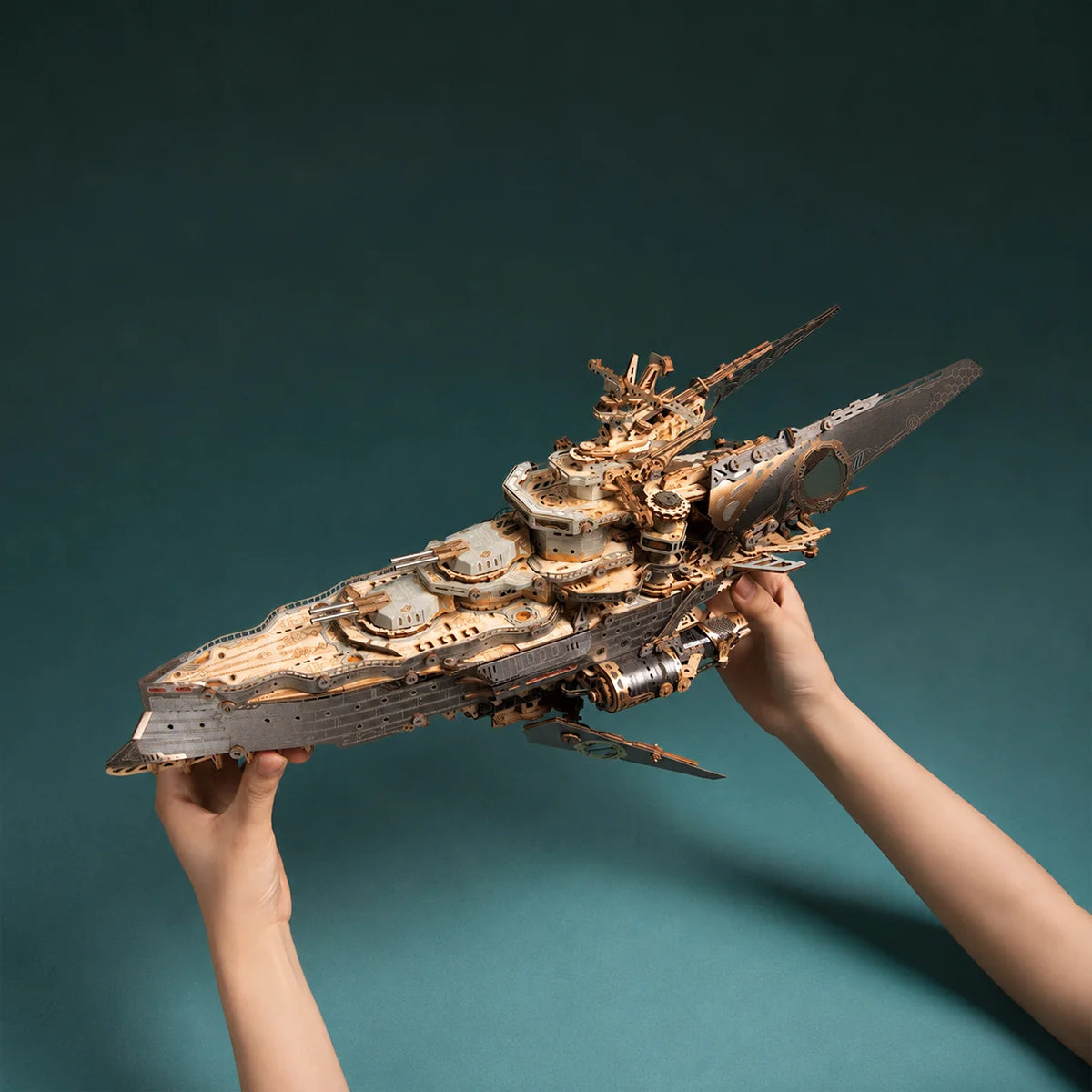 Space Warship wooden spacecraft model kit with retro-futuristic design