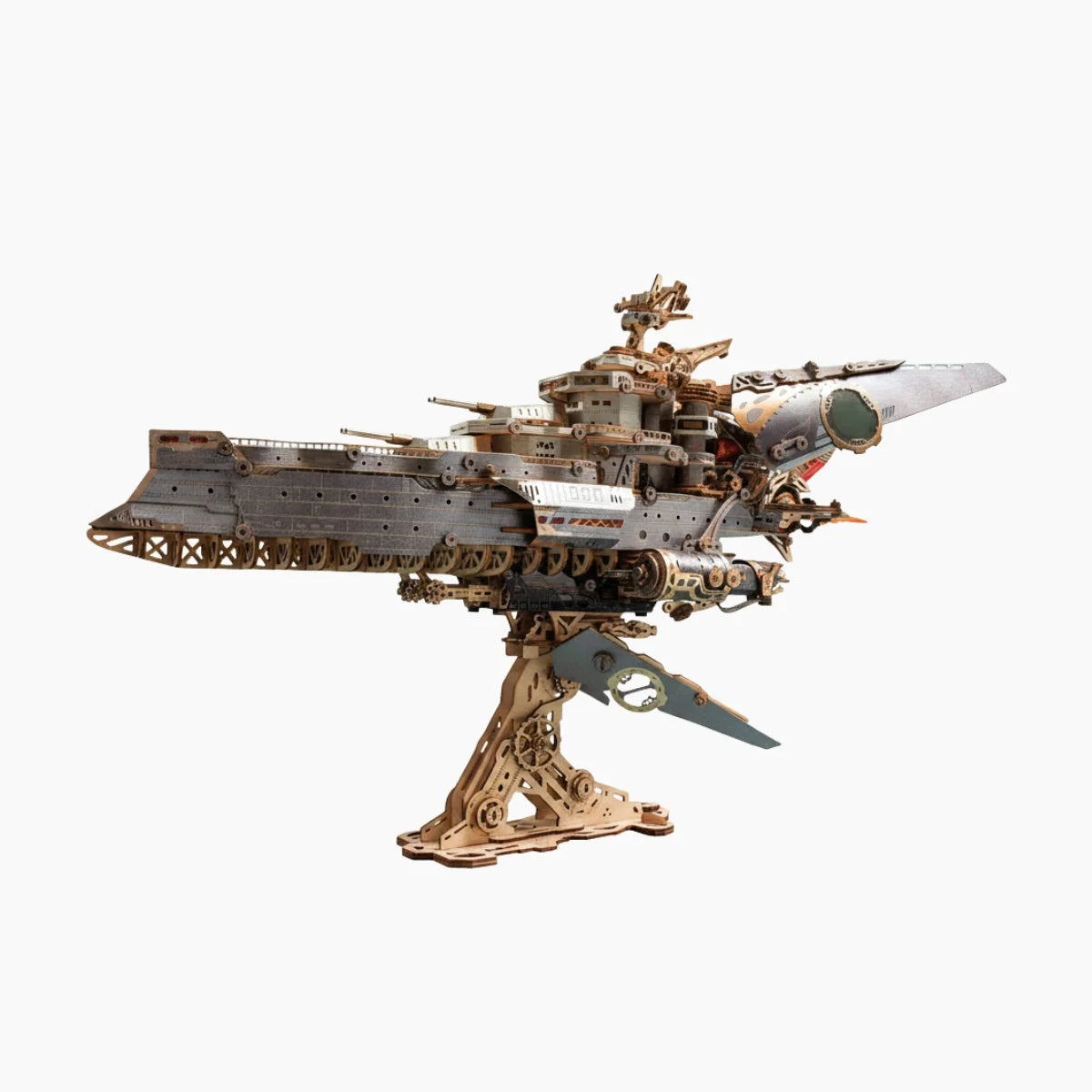 Space Warship 3D wooden model kit with dieselpunk-inspired sci-fi spacecraft design
