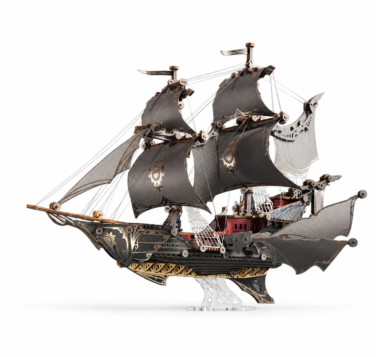 Black Fantasy Elfship 3D wooden ship model with dark sails and steampunk-inspired details