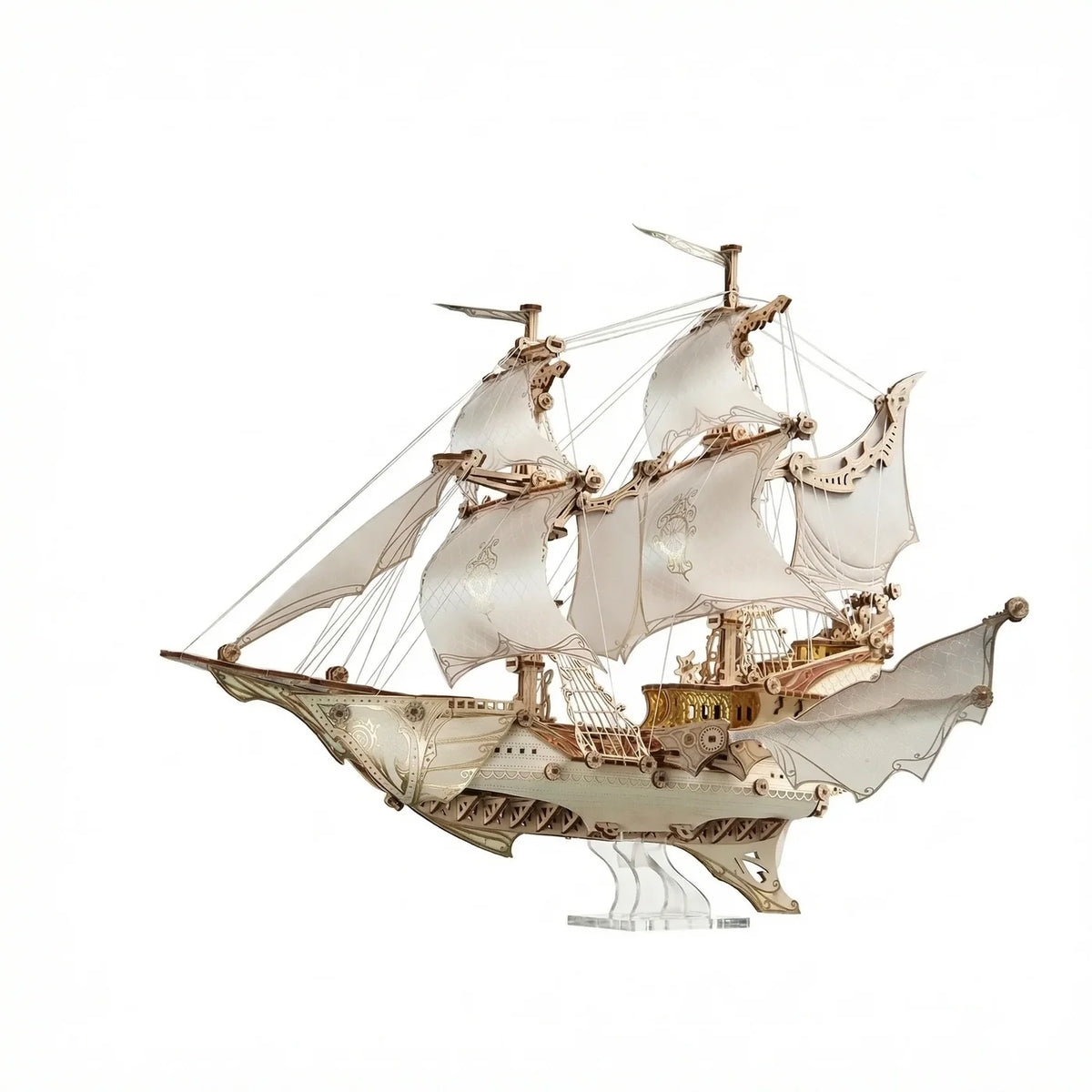 White Fantasy Elfship 3D wooden model ship with cream sails and intricate gold detailing